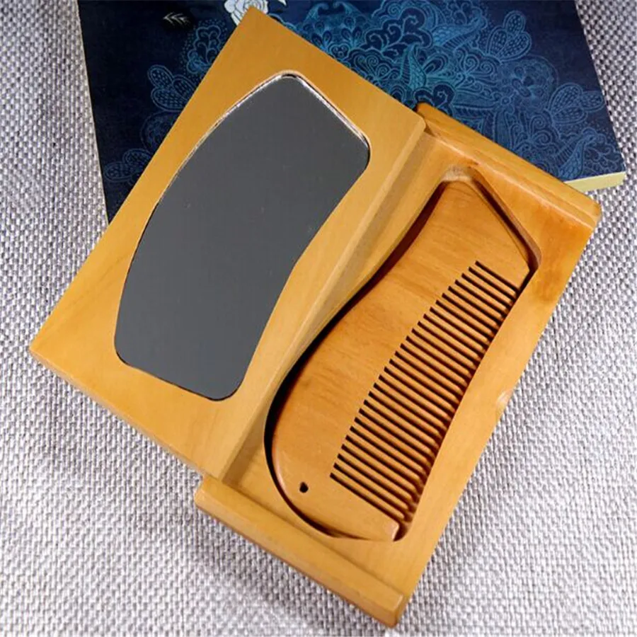 Wood comb Mirror Gift Box Packing Mushu folding mirror small wooden comb portable Mirror Comb Women Makeup Anti-static New Brand