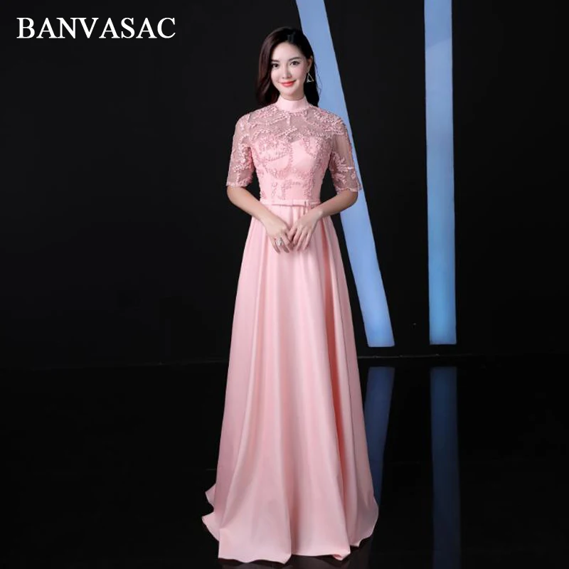 

BANVASAC High Neck Illusion Half Sleeve Bow Sash Long Evening Dresses 2018 Party A Line Lace Appliques Prom Gowns