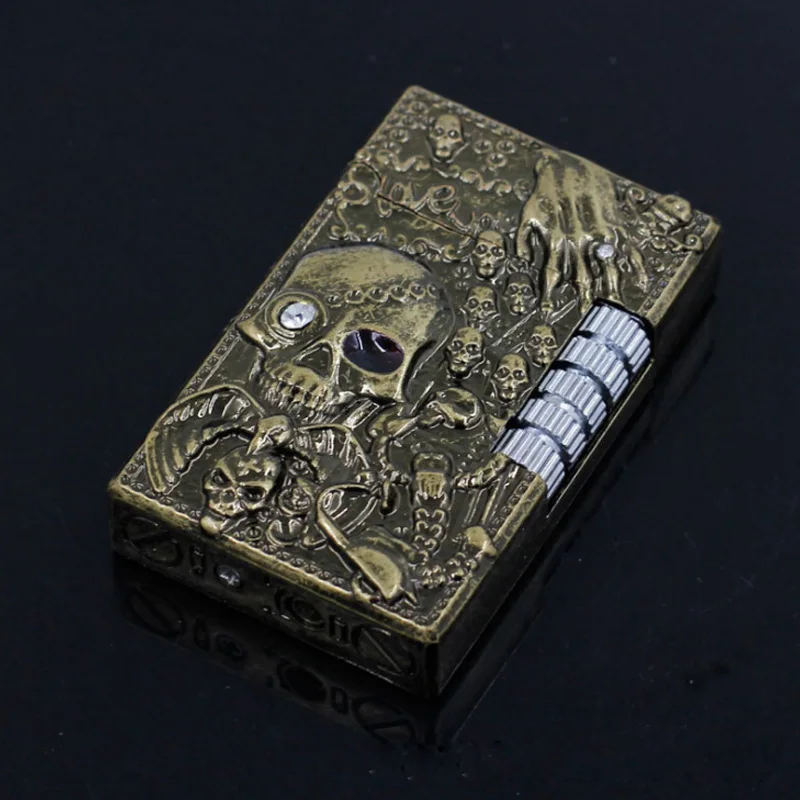 Unique Metal Skull Relief Windproof Cigarette Lighter PING Sound Grinding Wheel Refillable Butane Gas Lighter Smoker Gift