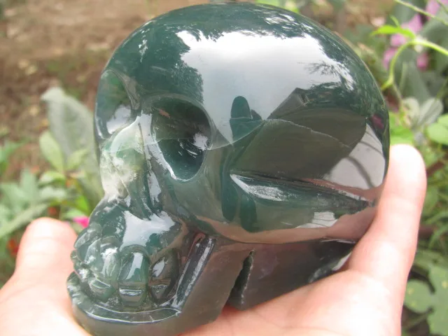 

751g Natural quartz crystal skull of a rare green agate carving to heal