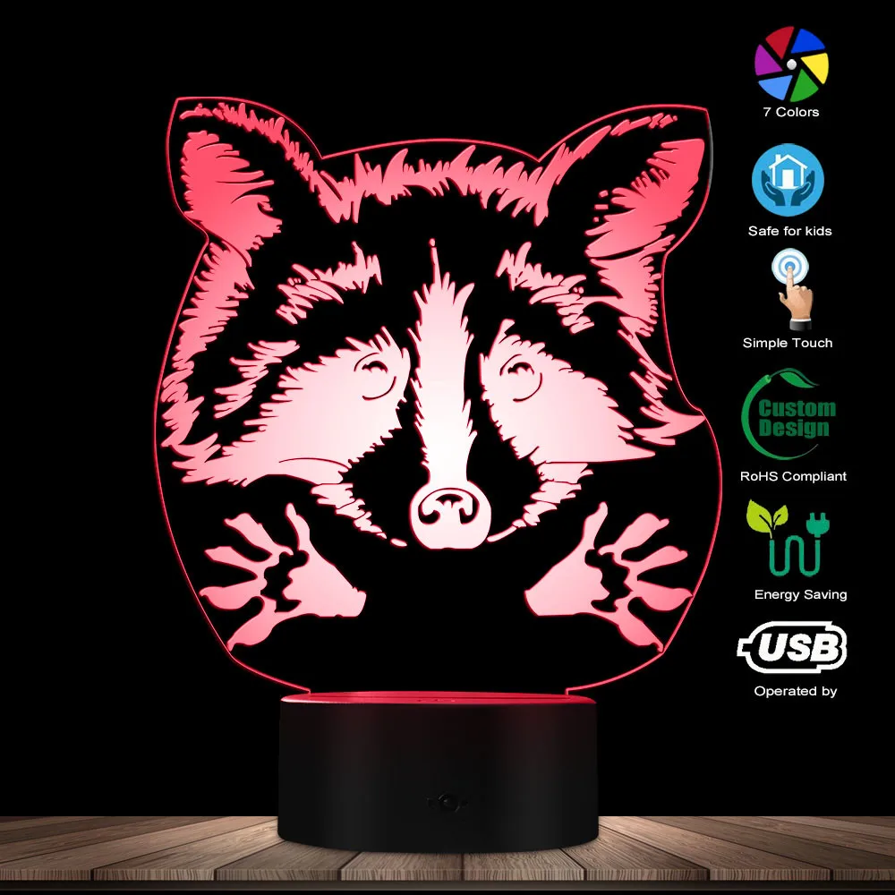 Adorable Raccoon Woodland Animal Optical illusion Table Lamp Decorative Lighting With Color Changing Pet Owner LED Night Light
