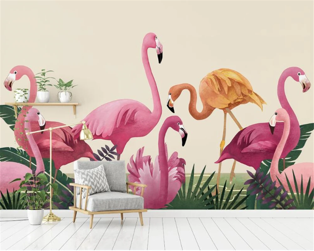 Custom size wallpaper murals modern hand painted palm leaves flamingo wall A variety of high quality 3d wallpaper murals