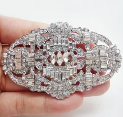 Bride Wedding Flower Buckle Silver Color Crown Brooch Pin Clear Rhinestone Crystal