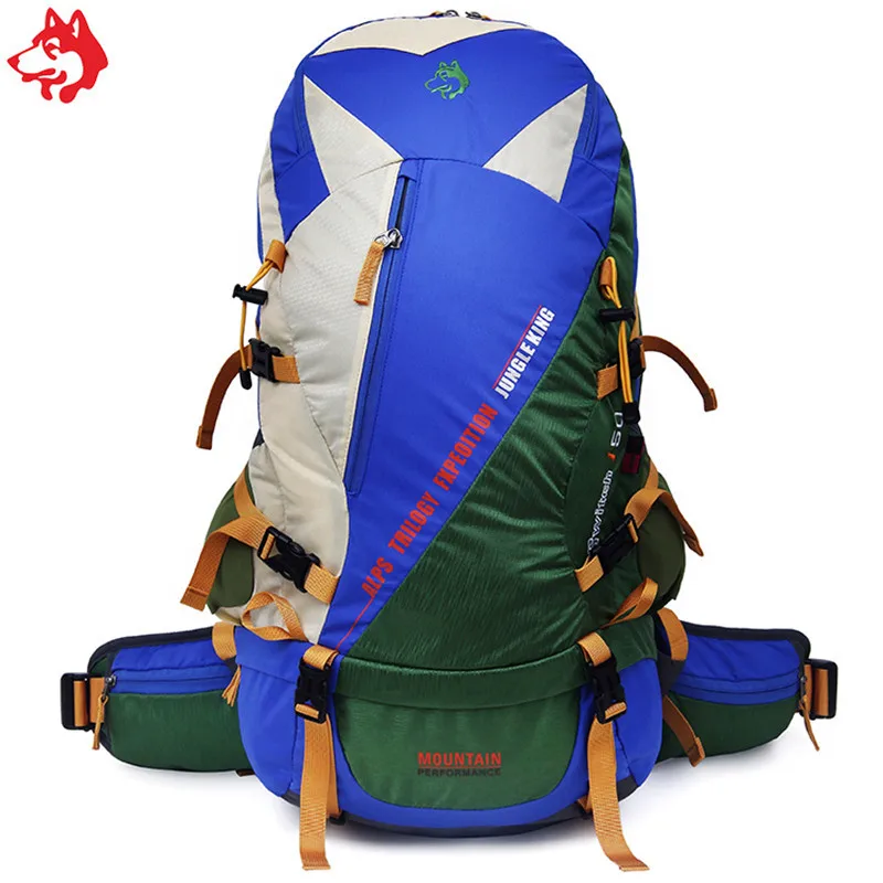 50L Hot Sale Yellow/Brown/Blue Waterproof Multifunctional Camping Backpack bag with Splicing color hiking backpack