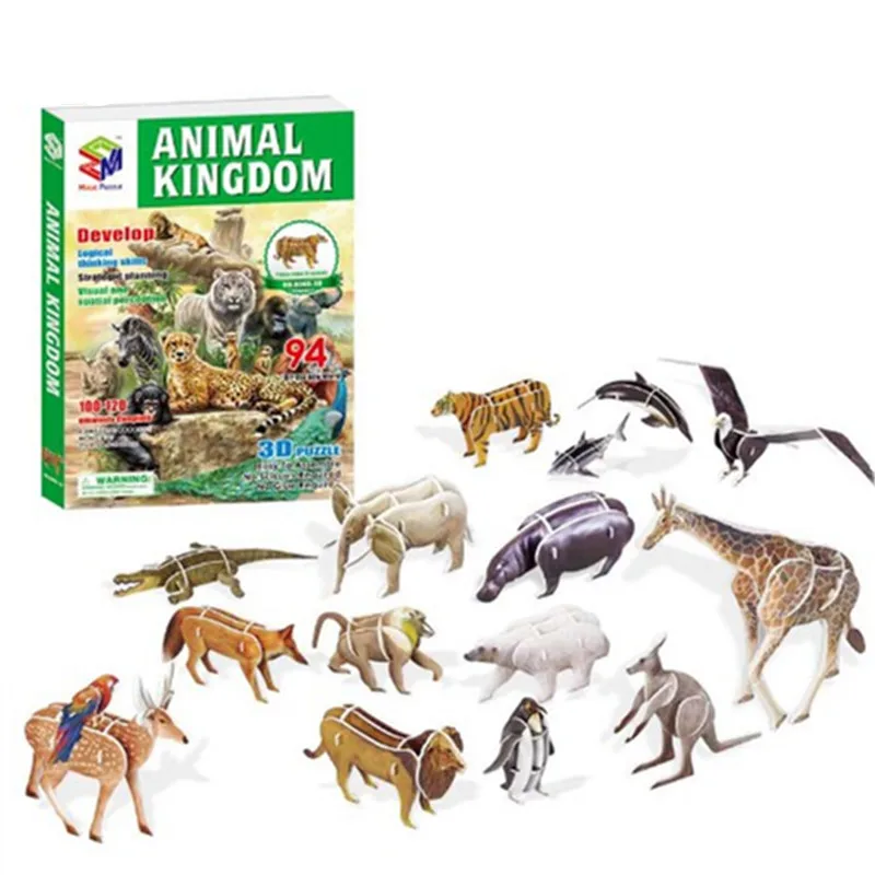 3d Paper 16 Animals Kingdom Penguin Crocodile Dolphin Fox Zebra Polar Bear Elephant Hippo Kangaroo Eagle Lion assembled kids toy