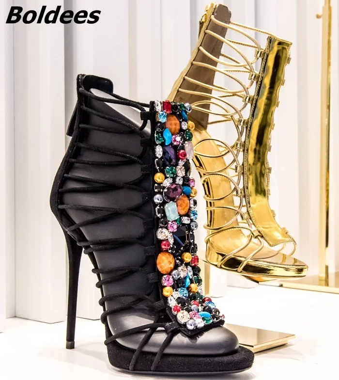 

Stylish Colorful Glittering Crystal Decoration Black Suede Cross Strap Thin High Heel Sandals Stiletto Heels Summer Shoes