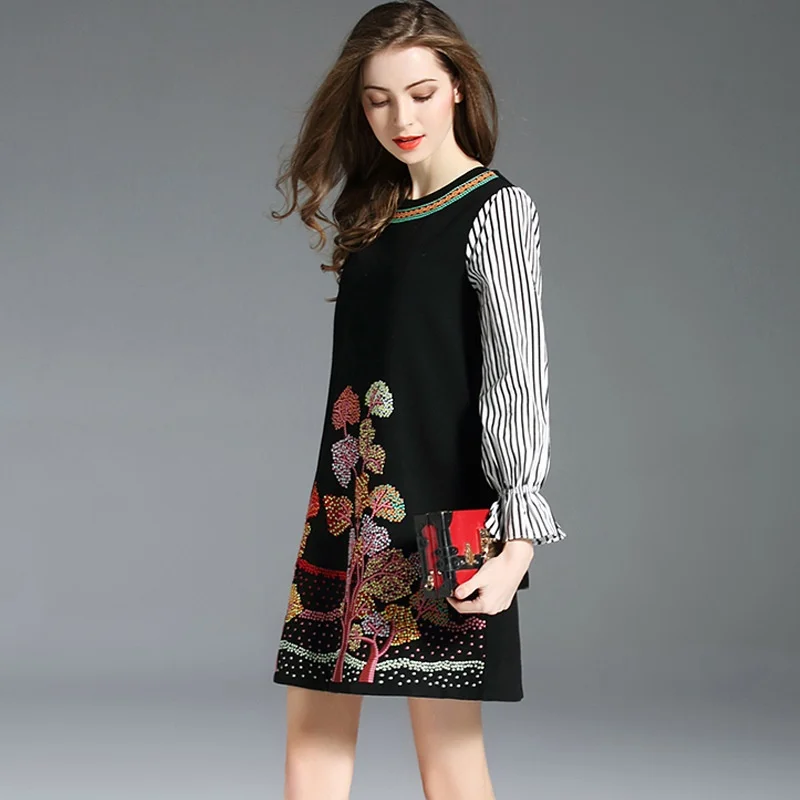 

Autumn Fashion A Line Casual Dress Black Striped Long Sleeve Patchwork Vintage Womens Dresses New Arrival 2019 Vestidos DD1600