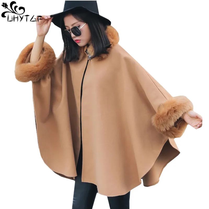 Uhytgf Koreaanse Winter Wollen Jas Voor Vrouwen Mode Imitatie Fox Bontkraag Big Size Jas Mantel Sjaal Vintage Elegante Top 381