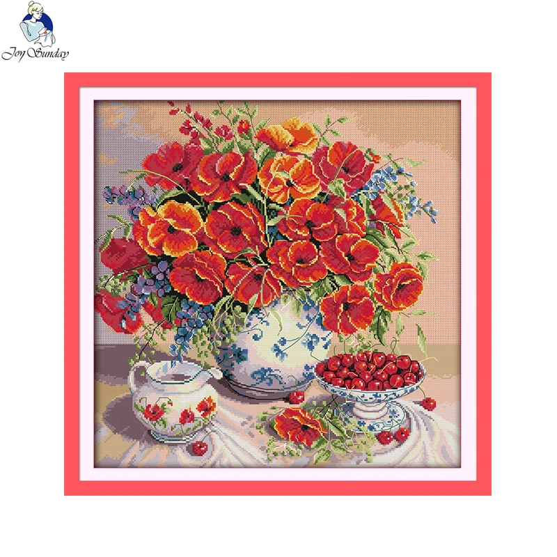 

Joy sunday still life style Poppy and cherry counted cross stitch dog patterns kits online store for handcratf embroidery