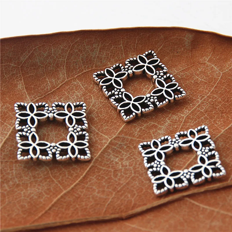 40pcs  Silver Color Little Mini Square Wreath Charms Nature Flower Pendant For Women  Finding Jewelry Accessories 16mm A3052