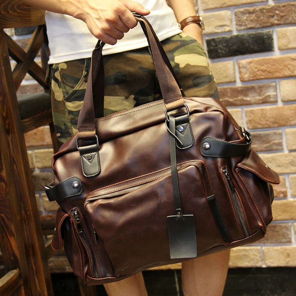 fashion men business tote handbag vintage pu leather zipper messenger shoulder laptop bag travel luggage bags large duffle bolsa