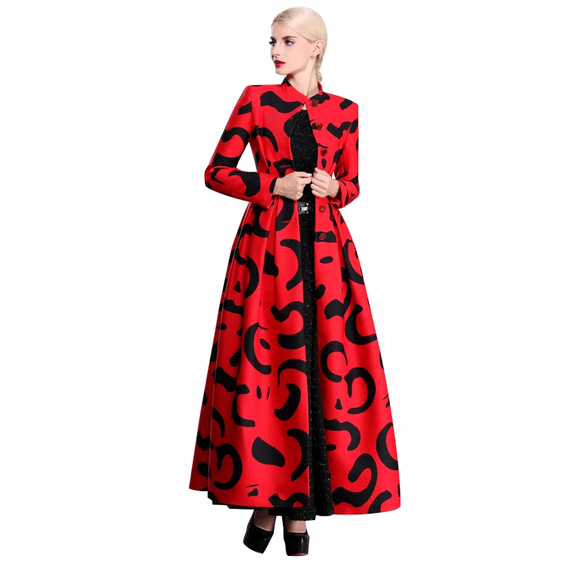 

Muslim Clothing Islamic Coat Print Women Box Pleated Trench Coat Single Breasted Stand Collar Maxi Long Overcoat Plus Size