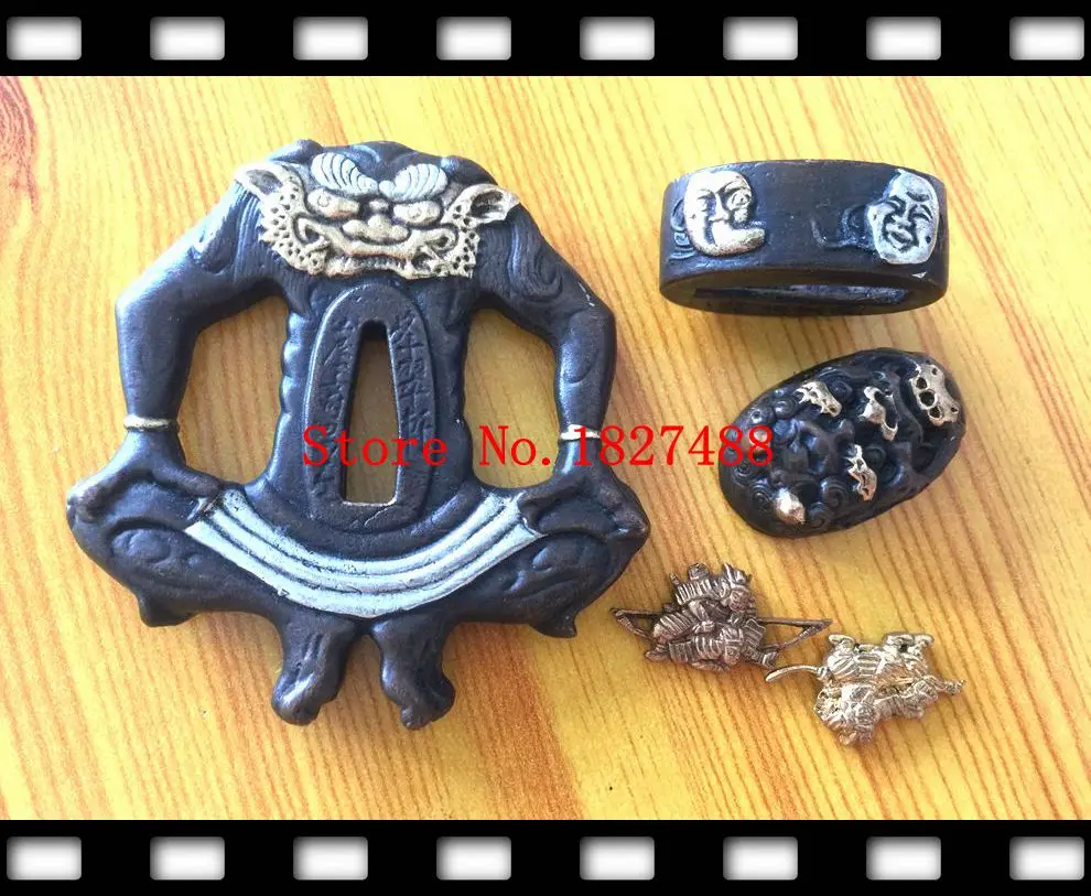 A Set Japanese Samurai Sword Tsuba Set Fuchi Kashira Menuki Monster Design Metal Copper Katana Fittings Handmade