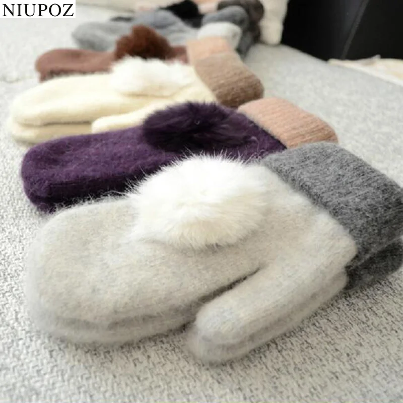 Lovely Female Winter Warm Knitted Wool Thicker Cashmere Velvet Mittens Ladies Cute Rabbit Hair Ball Fingerless Women Gloves G103