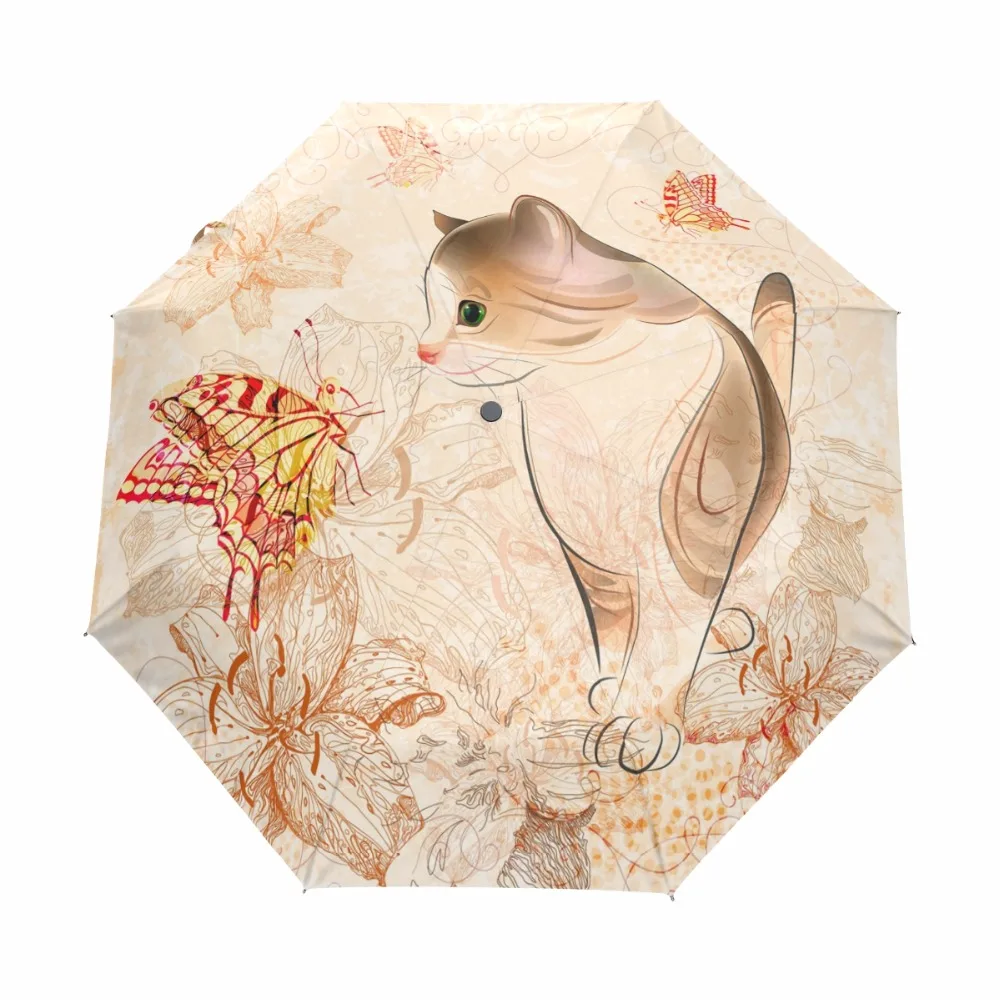 

Cute Cat Printed Women Umbrella Windproof Rainproof Automatic Umbrellas Rain Women Parasol Three Folding Anti-UV Paraguas