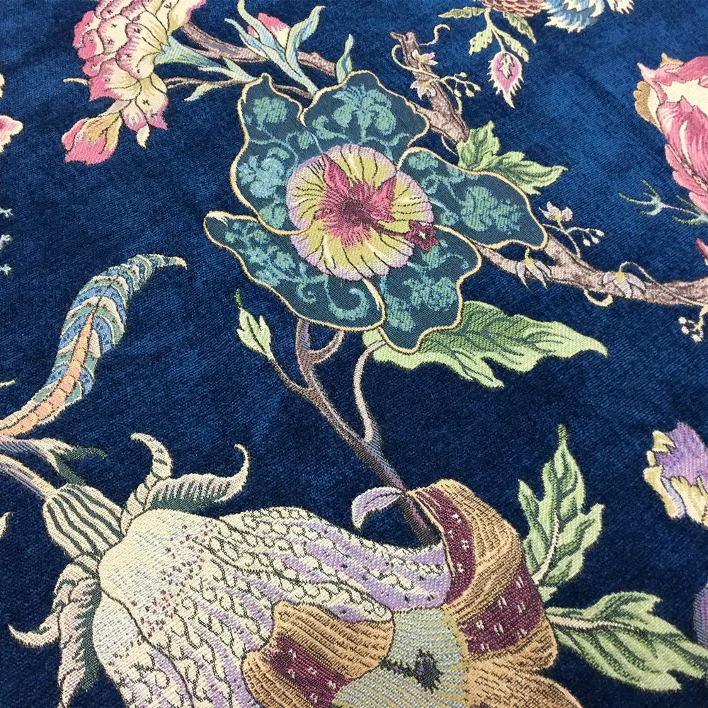 Di lusso Classico Fiori Jacquard Blu Scuro Beige Ciniglia Designer Panno Poltrona Tenda Divano In Tessuto Floreale 280 centimetri 1 metri/lotto