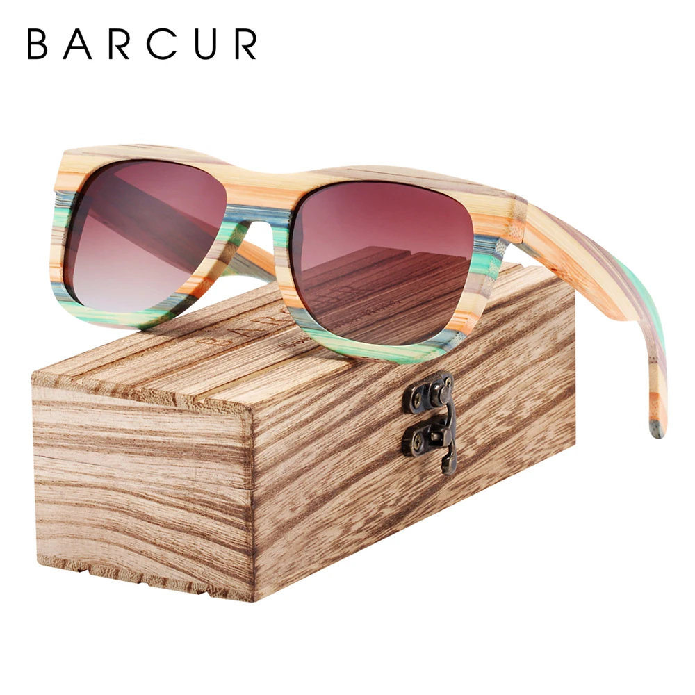 BARCUR Gradient Women Sunglasses Bamboo Polarized Sun Glasses for Men Mirror Square Eyewear UV400 lunette de soleil femme