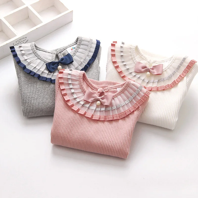 2024 Spring Autumn New 2 3 4 6 8 10 12 Years Cotton Solid Color Long Sleeve Pleated Turn-Down Collar Neck T-Shirt For Kids Girls