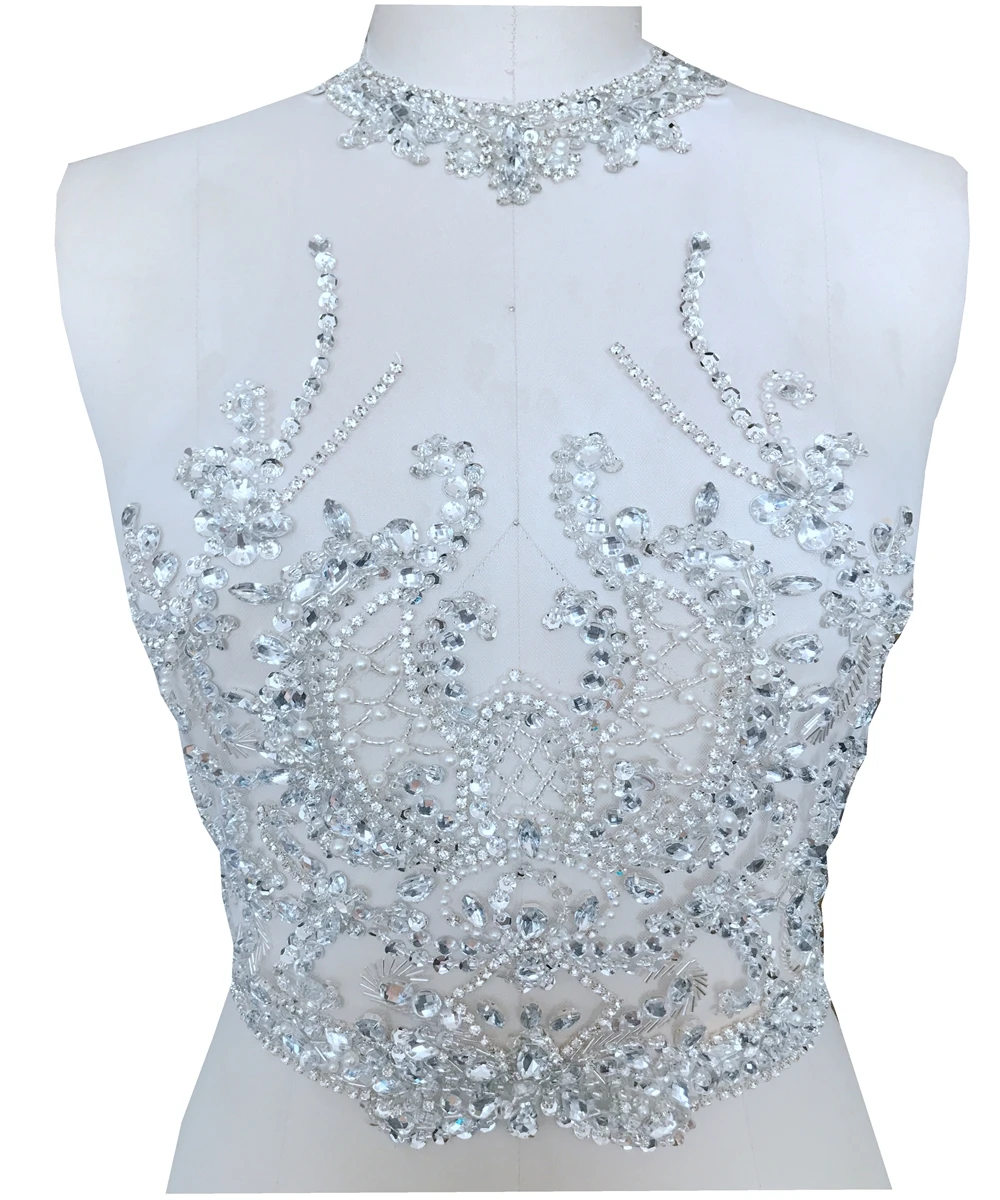 ZBROH Pure hand made sew on Rhinestones applique on mesh silver/gold/multicolored crystals patches 39*29cm dress accessory
