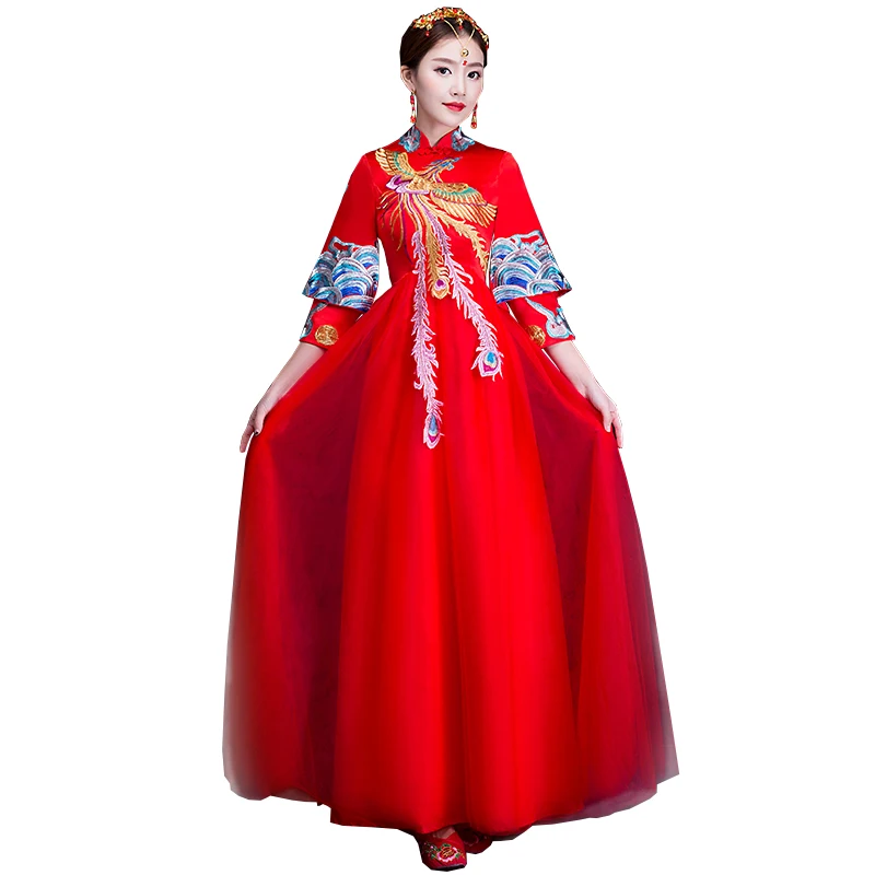 The Bride Cheongsam Vintage Phoenix Pattern Royal Party Dress Chinese Style Red Wedding Formal Dress Ancient Qi Pao