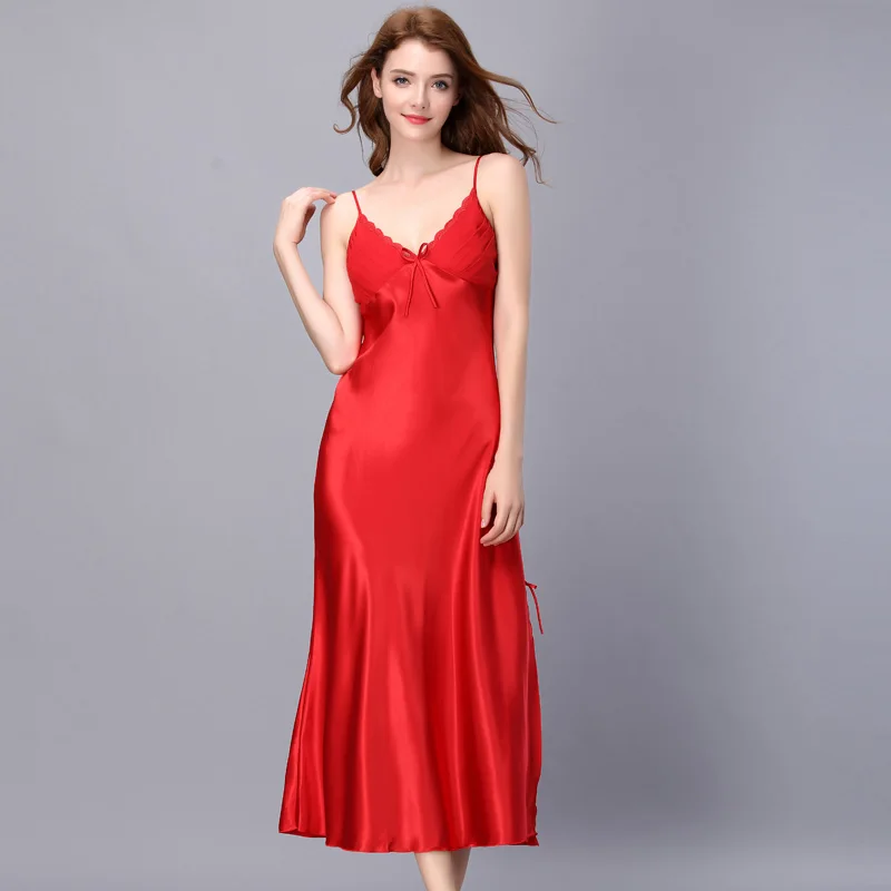 

1947 Summer Slipt Sexy Nightwear Women Long Satin Nightgown Lace Patchwork Adjustable Strap Sexy Sleeping Dress Home Clothing