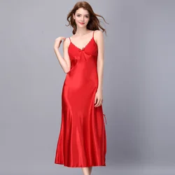 Summer Slipt Sexy Nightwear Women Long Satin Nightgown Lace Patchwork Adjustable Strap Sexy Sleeping Dress Home Clothing