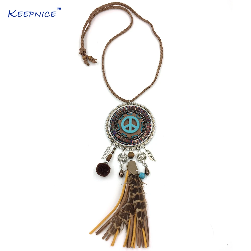 Boho Chic Bohemia Peace Symbol pendants Necklace Pompoms charm feather leather tassle pendants Necklaces