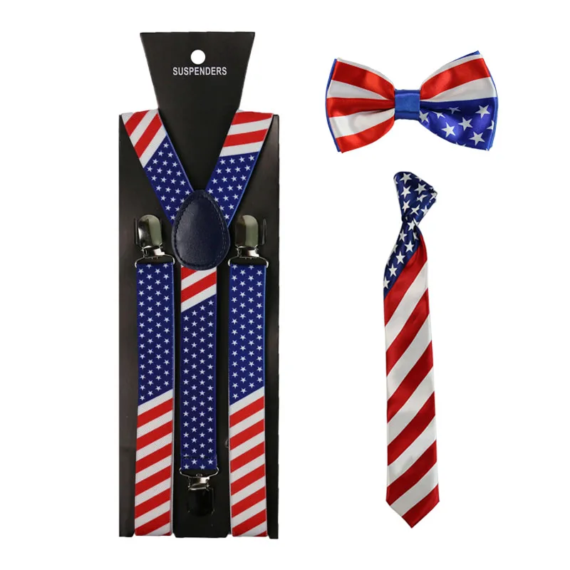 Fashion America Flag Pattern Suspenders Necktie And Bowtie Set Clip-on Elastic Y-Shape Back Braces Suspenders For Women Men