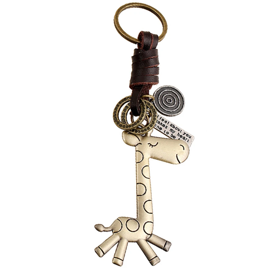 Charm Genuine Leather Giraffe Vintage Bag Keychains Punk Men Car Key Chain Ring Holder Novelty Women Accessories Gift FY015