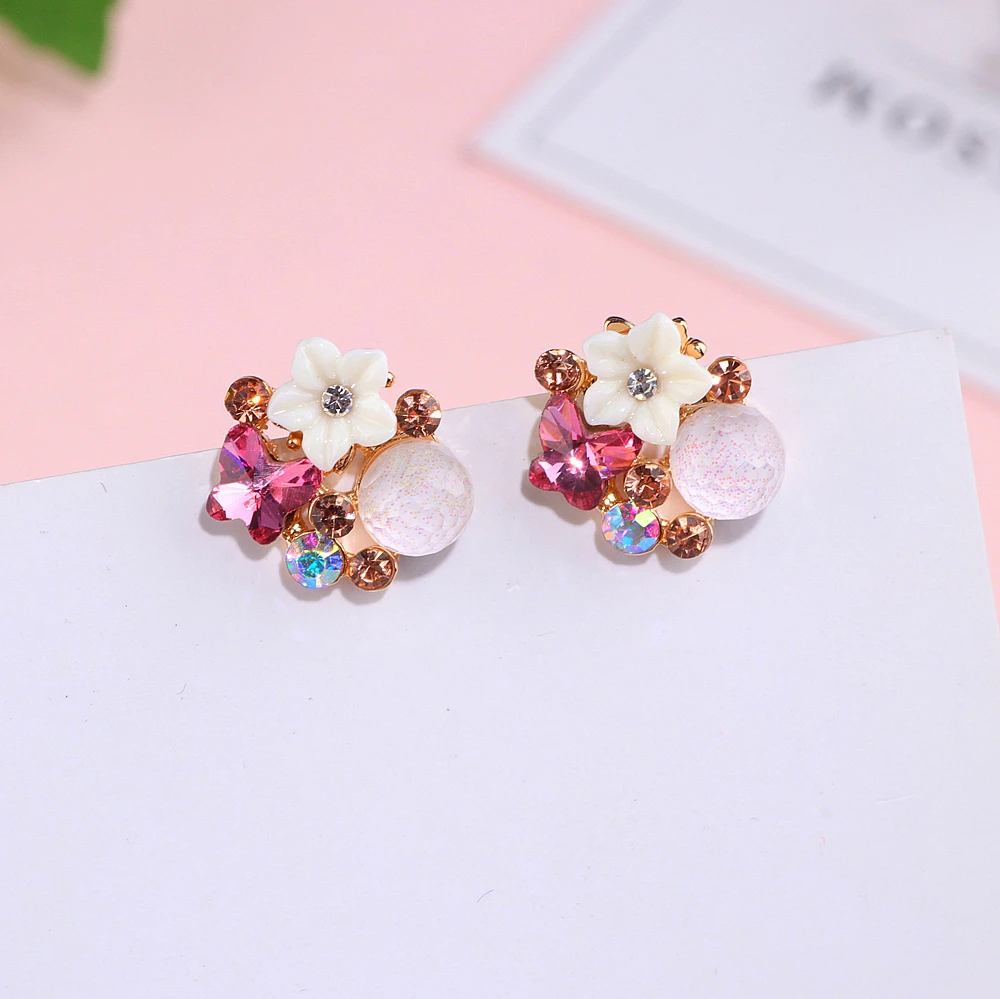 New Korean Style Colorful Crystal Flower Stud Earrings For Women Girls Fashion Summer Accessories Elegant Sweet Earrings WX132