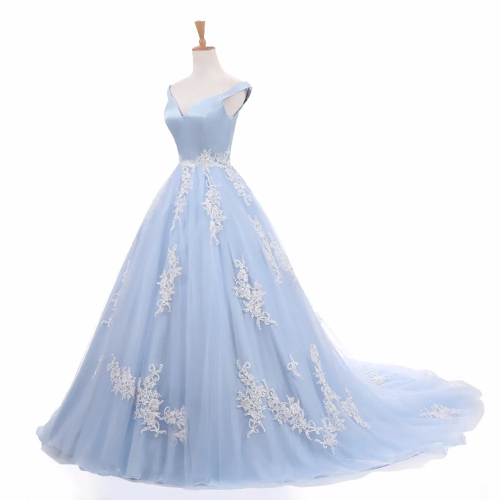 The Evening Dresses 2020 Tulle with Appliques Elegant Long Prom Party Dresses  Ball Gown Light Blue Robe De Soiree abendkleider