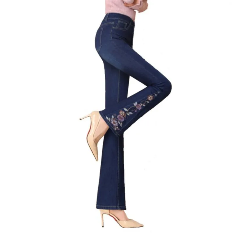 women Flare Jeans Embroidered Flowers high waist stretch denim pants Trousers r804