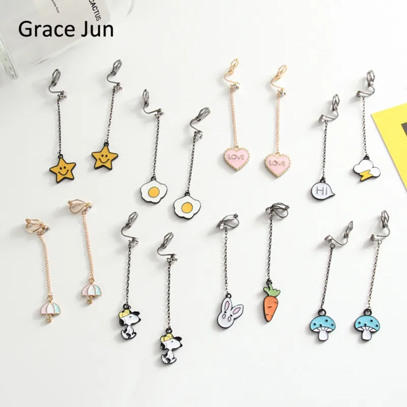 Grace Jun Korea Style Colorful Chick Heart Bear Bird Shape Enamel Clip on Earrings Without Piercing for Girls Kid Party Ear Clip