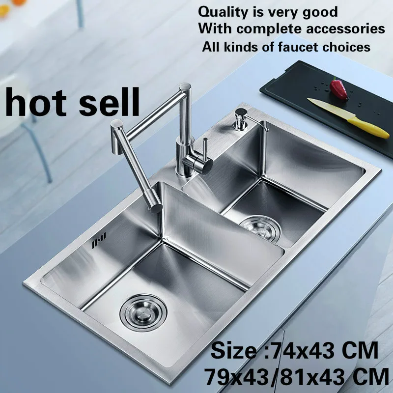 

Free shipping Hot sell standard kitchen manual sink double groove 304 food grade stainless steel durable 74x43/79x43/81x43 CM