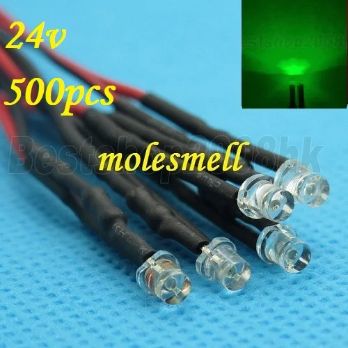 무료 배송 500pcs 3mm 24v 플랫 탑 그린 LED 램프 라이트 세트, 사전 유선 3mm 24V DC 유선 3mm 빅/와이드 앵글 그린 24v led