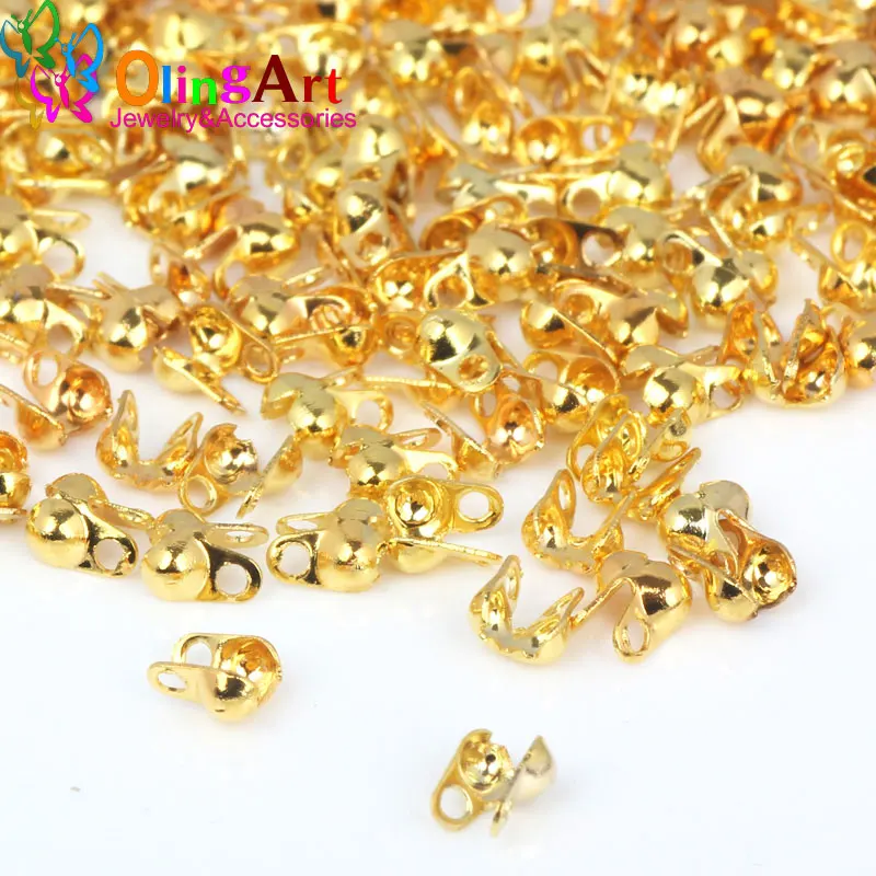 OlingArt 200pcs/lot Silver-color/ Gold-color Metal Crimp End Caps Beads For DIY Bracelet necklace Jewelry making