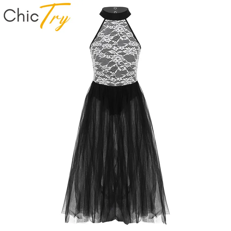 ChicTry Kids Teens Sleeveless Lace Mesh Long Tutu Ballet Leotard Dress Girls Child Performance Competition Lyrical Dance Costume