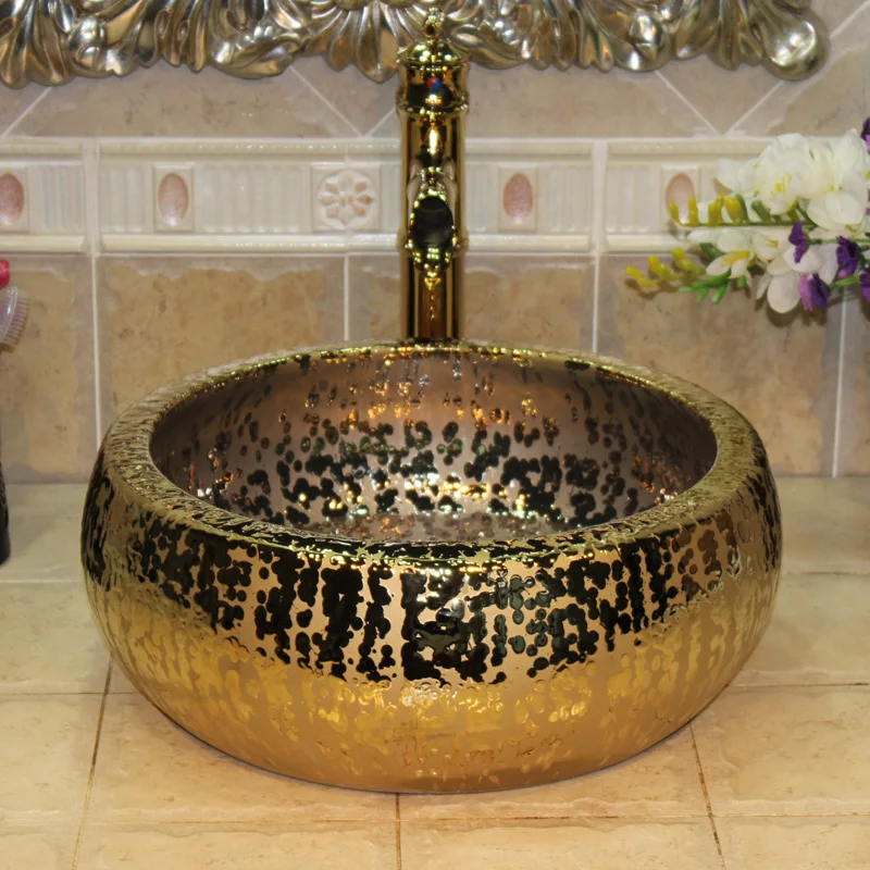 

Handmade Europe Style Lavobo Ceramic Bathroom Luxurious Artistic Countertop vanity golden ceramic wash basin Bathroom Sink