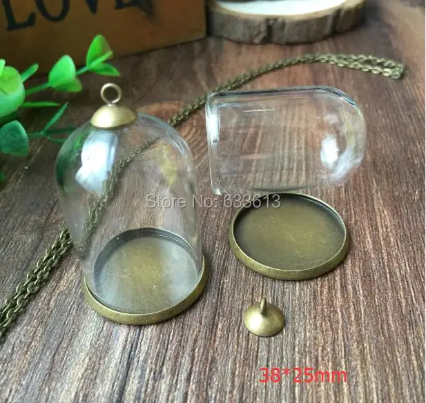 10sets/lot 38*25mm tube glass globe bronze setting base 8mm metal cap set glass cover DIY clear Glass vial jewelry glass bottle