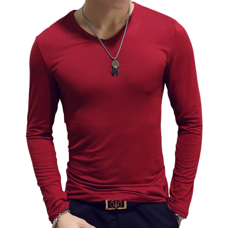 Camisetas con cuello en V para hombre, ropa interior lisa de manga larga, ajustada, informal, de verano, blanca y negra