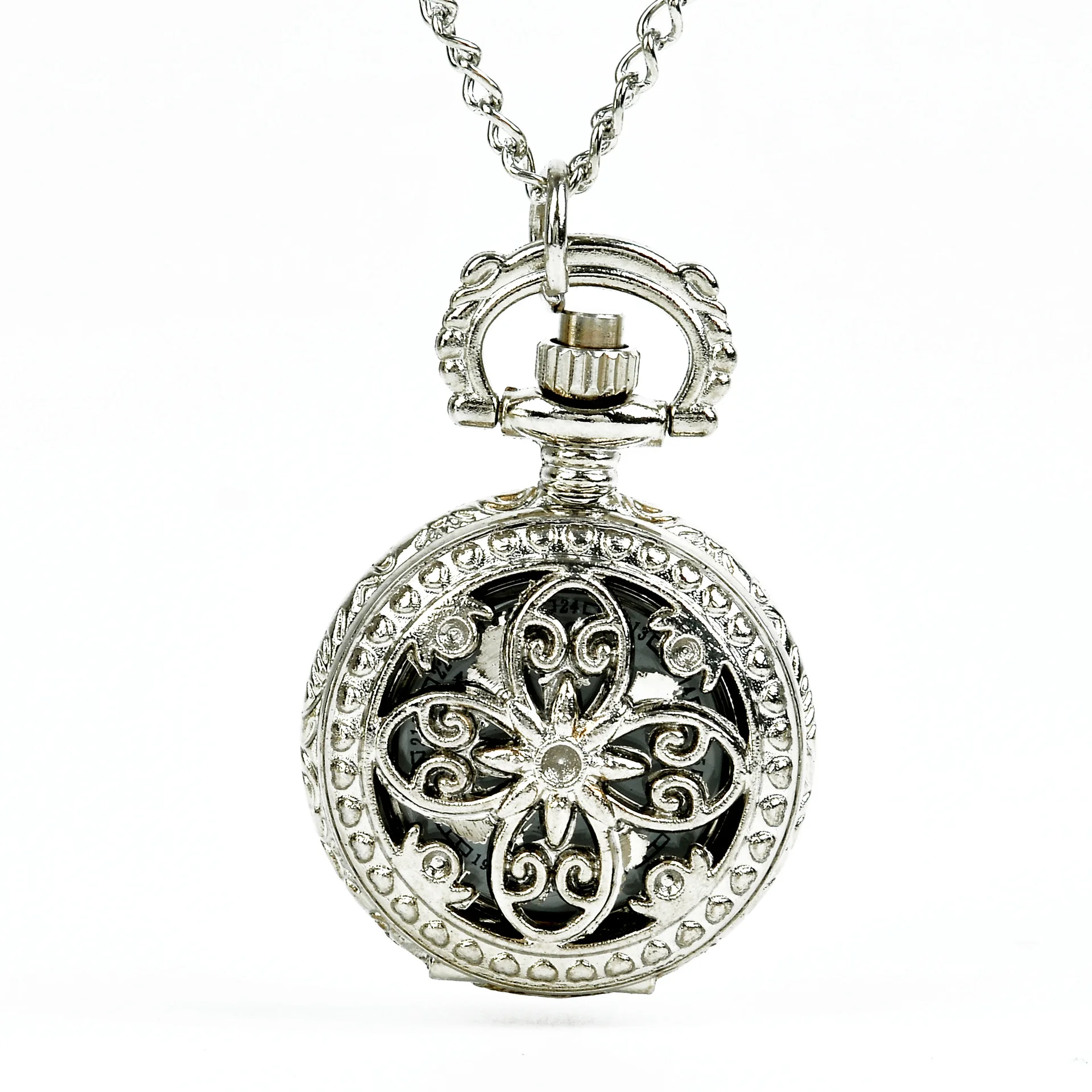 0  Fashion Classic Lady Silver Pendant Necklace With Four Petals Hollow Pocket Watch Gift Style