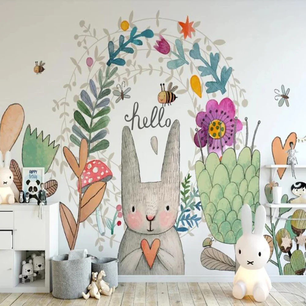 

Hand Painted Carton Rabbit Flower Wallpaper Mural for Kids Bedroom Decor Paper Rolls Contact Roll 3d Murals