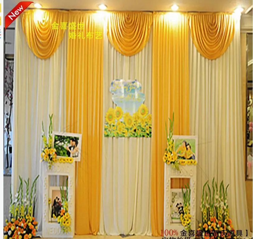 Fashion 3*3m( 10ft*10ft) Wedding Backdrop Curtain with Yellow Swag Wedding Decoration Ice Silk Stage Backdrop Curtains