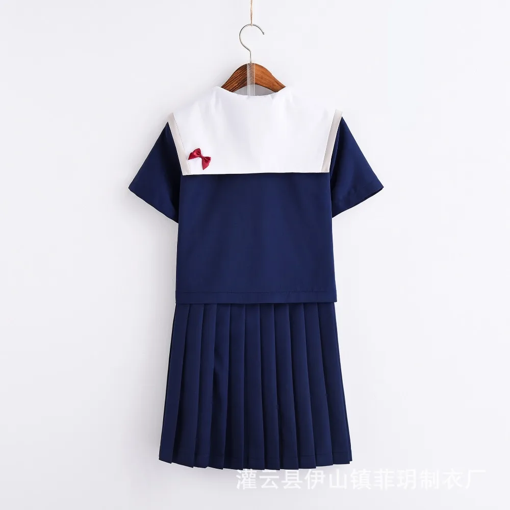 Snow White JK Uniform Set Embroidery Cute Japanese Student Sailor Collar Long-sleeve Blouse & Bow Pleated Skirt Color Navy Blue