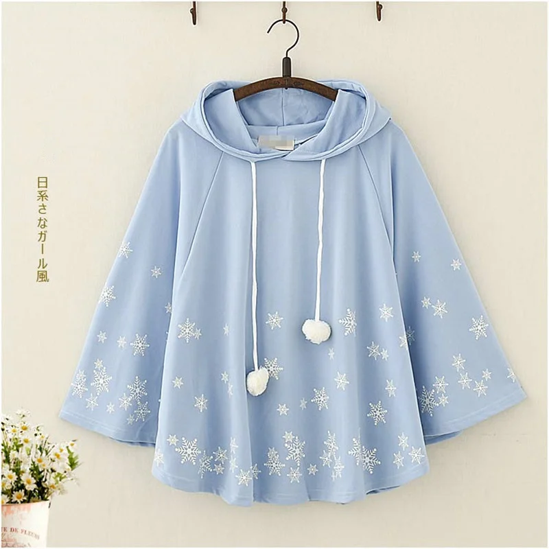 Autumn Women Kawaii Snowflake Cape Hoodies Japanese Cute Christmas Pullovers Harajuku Mori Girls Cloak Outerwear Sweatshirt