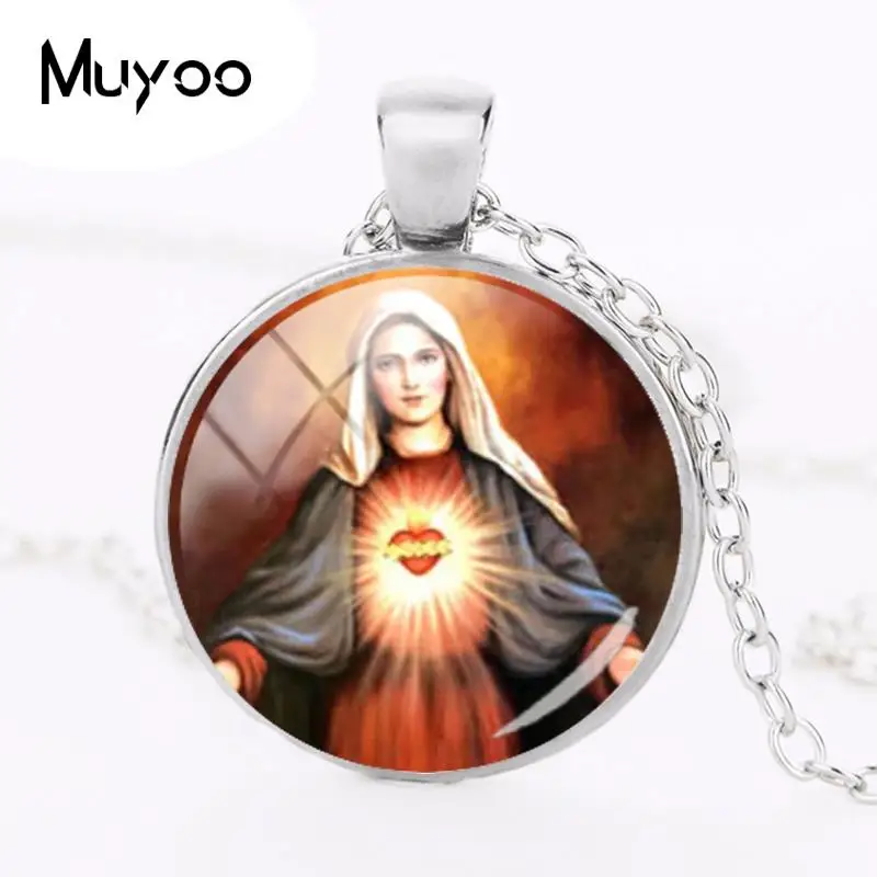 2018 New Immaculate Heart Of Mary Necklace Religious Art Pendant Sacred Heart of Mary Jewelry Glass Cabochon Necklaces HZ1