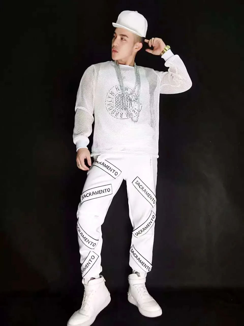 New Male Singer DJ Nightclub Hip-hop Letters gauze Sport Suit Costumes Men's clothing 3 pieces set Sweatshirts)