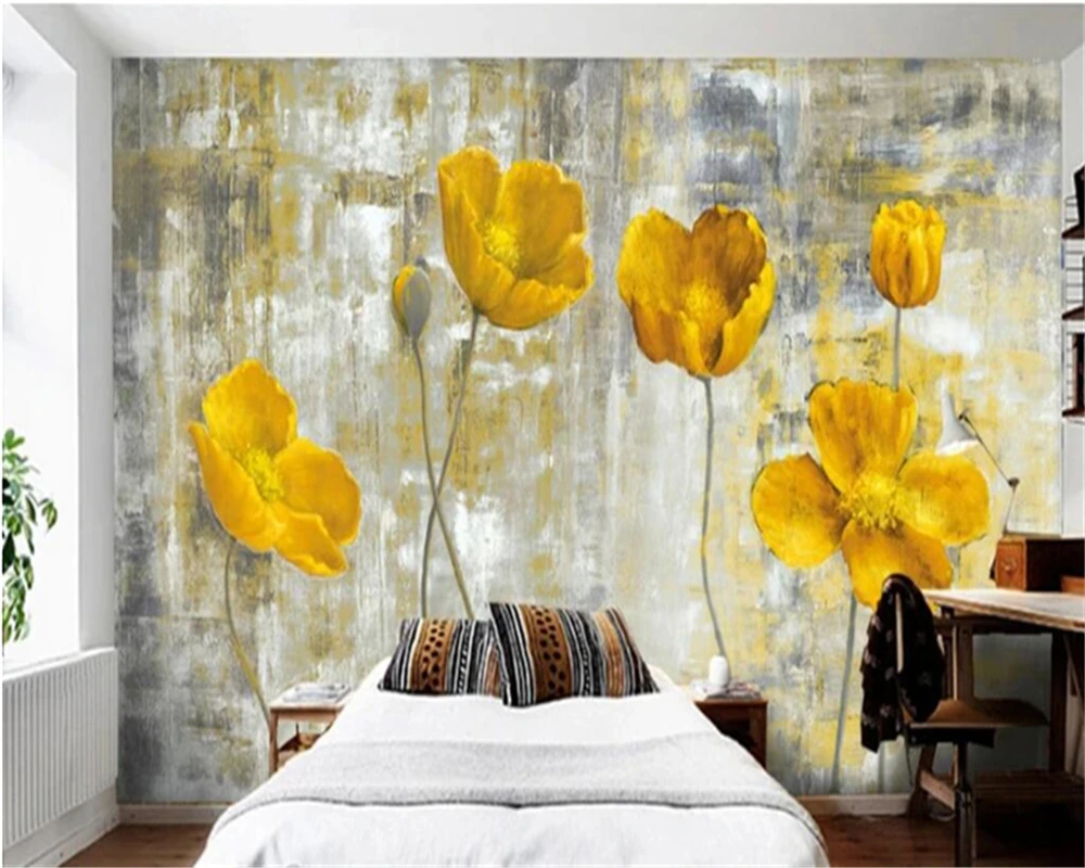 beibehang Custom wallpaper 3D mural aestheticism dream retro grey bottom yellow blooming poppy oil painting background wallpaper