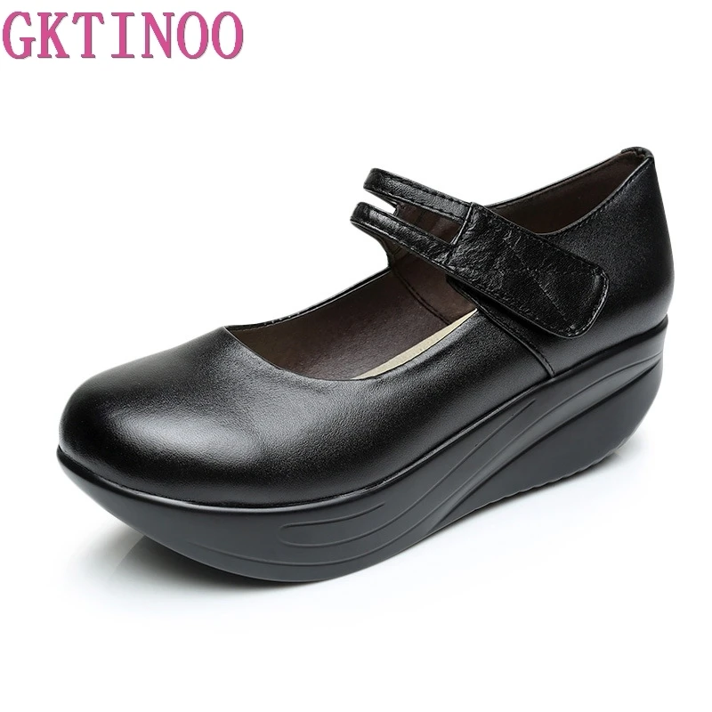 GKTINOO Women Genuine Leather Shoes Casual Wedge Shoes Ankle Straps Shallow Mouth Shoes Platform Soft Sole Lady Swing Shoes