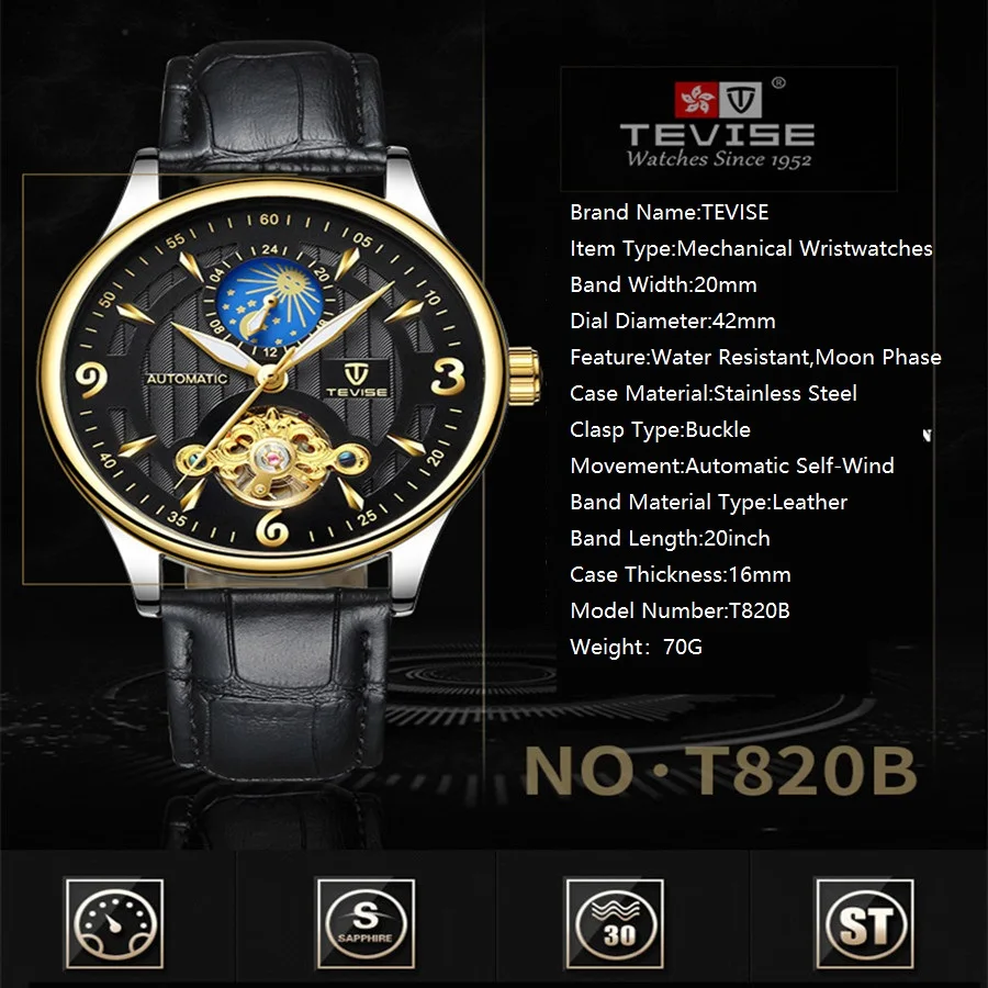 New TEVISE Brand Men Tourbillon Mechanical Wristwatch Fashion Luxury Clock Man Automatic Waterproof Watches Relogio Masculino